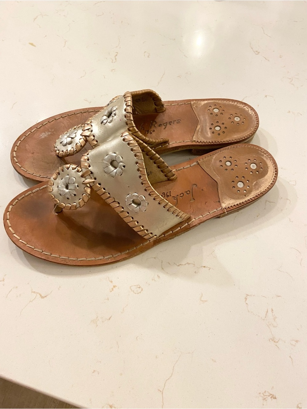 Jack Roger’s Leather Slide Sandals in Metallic Gold